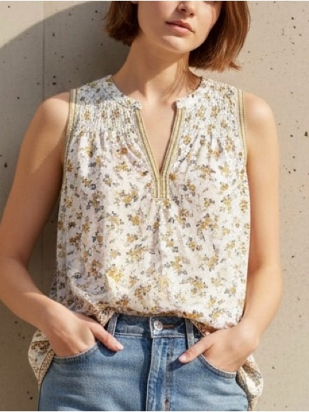 Lucky Brand Floral Sleeveless Split Neck Boho Blouse Top - Picture 1 of 6